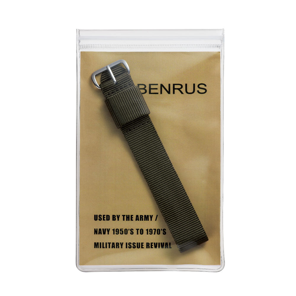BENRUS NYLON STRAP 19mm KHAKI SV ベンラス ナイロンストラップ 引き通しタイプ