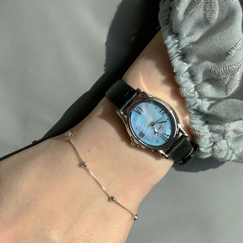 Ven & Qu GEM Leather 1950A-BL Silver/Aquamarine (Black leather)