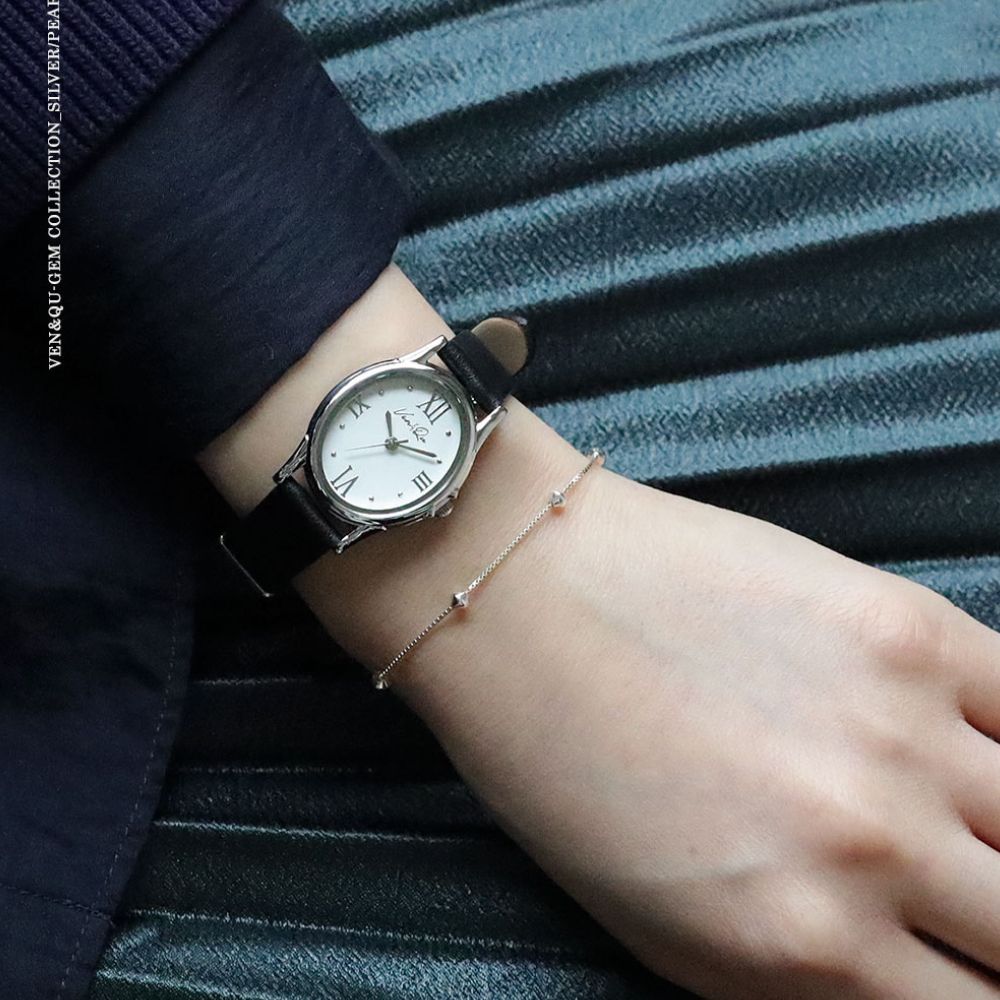 Ven & Qu GEM Leather 1950B-BL Silver/Pearl (Black leather) ベンキュー 腕時計 レディース