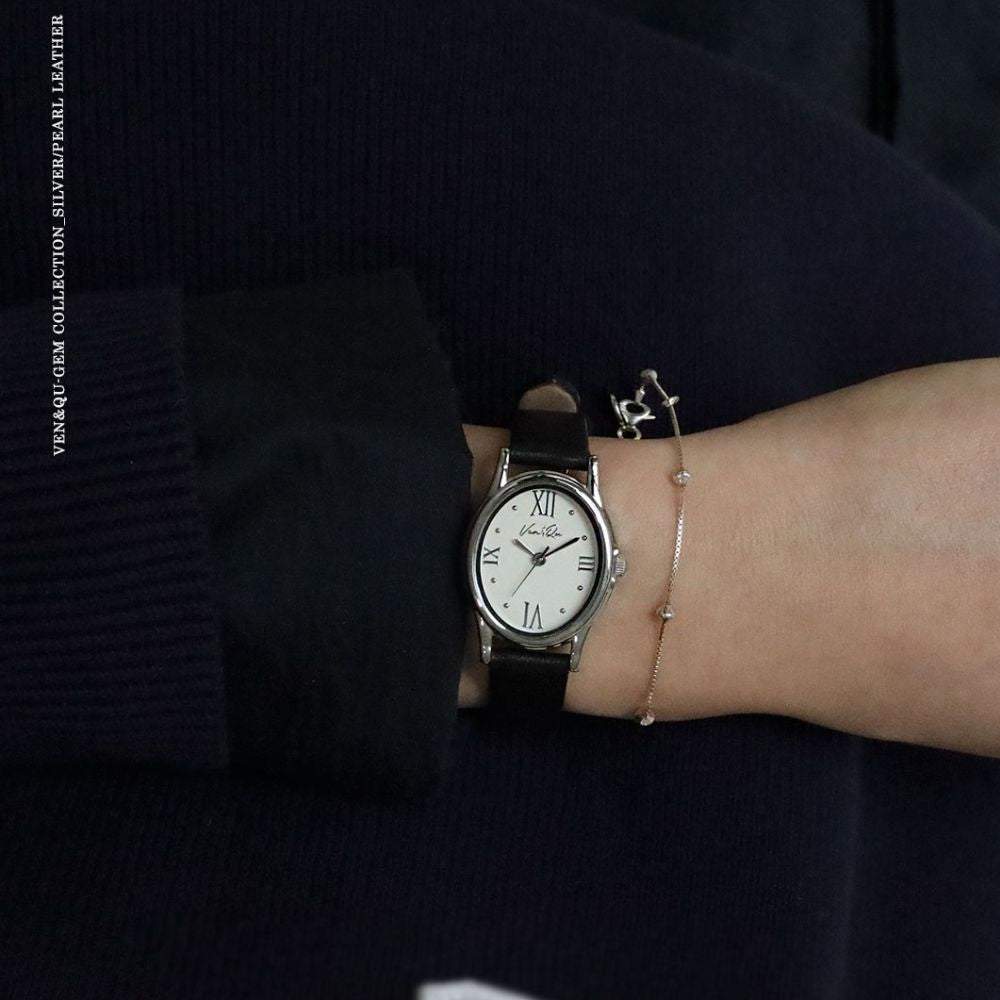 Ven & Qu GEM Leather 1950B-BL Silver/Pearl (Black leather) ベンキュー 腕時計 レディース