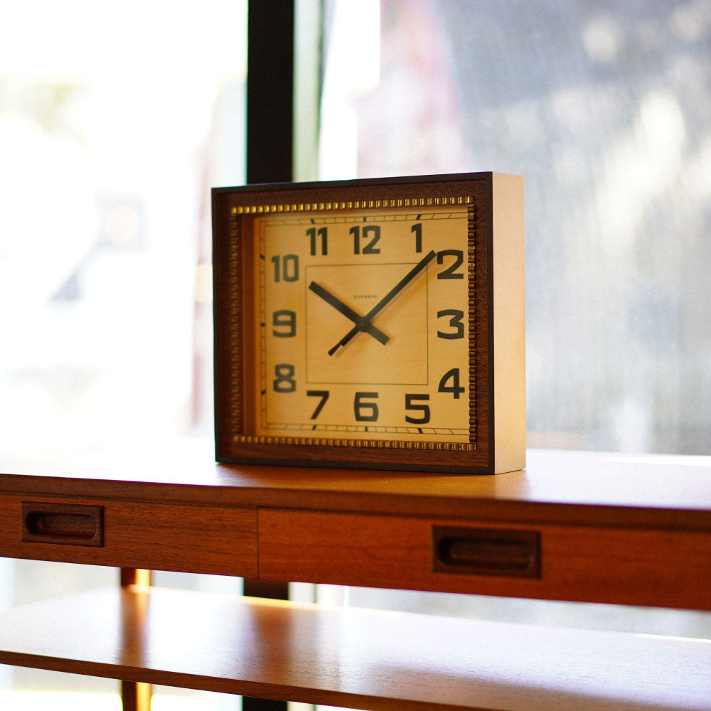 CHAMBRE BRASS RECTANGLE CLOCK  WOOD DIAL WALNUT CH-053WNW